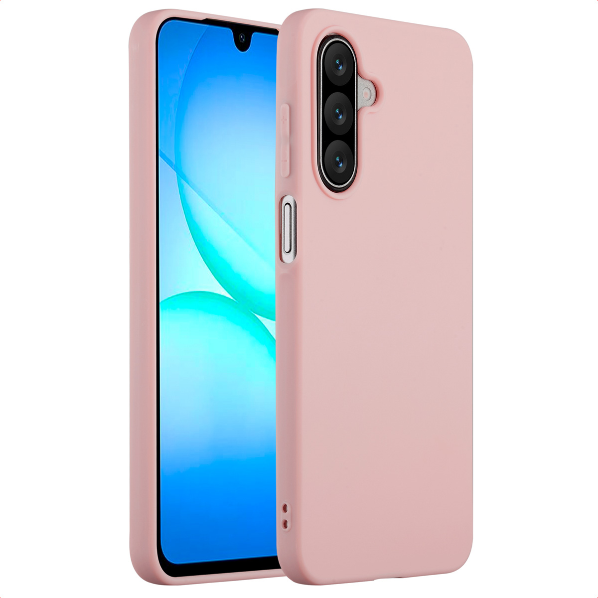 Een roze telefoonhoesje en een telefoon met een scherm dat blauwe en groene wervelingen toont. De hoes heeft drie cameralenzen.