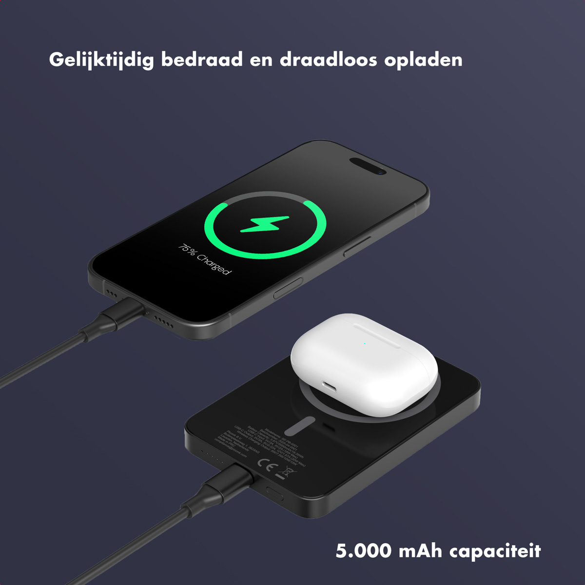 Een telefoon en oortelefoons die opladen op een draadloze oplaadpad. De telefoon geeft 75% opgeladen aan. Tekst: Gelijktijdig bedraad en draadloos opladen.