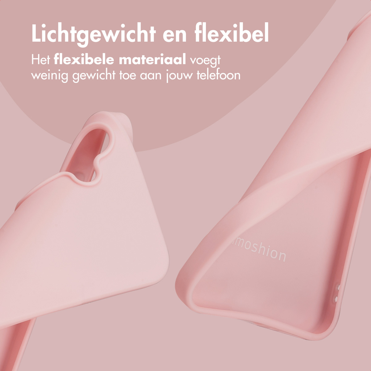 Twee lichtroze telefoonhoesjes op een roze achtergrond. Bovenstaande tekst zegt 'Lichtgewicht en flexibel'. Eén hoesje is open.