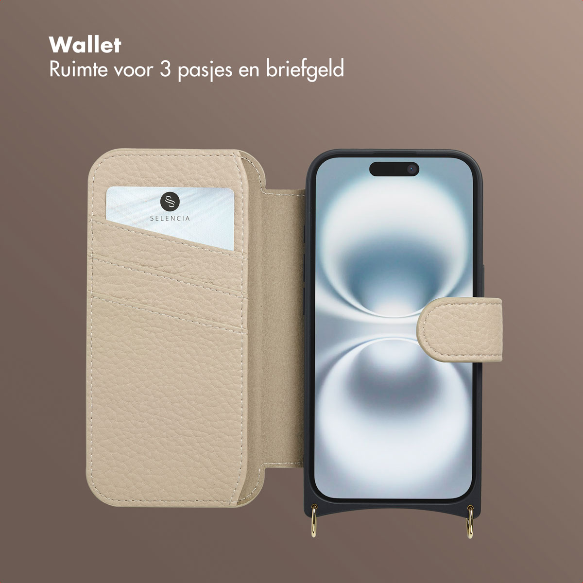 Beige leren portemonnee-hoes met smartphone. Een kaart met logo is zichtbaar. De portemonnee heeft ruimte voor kaarten.