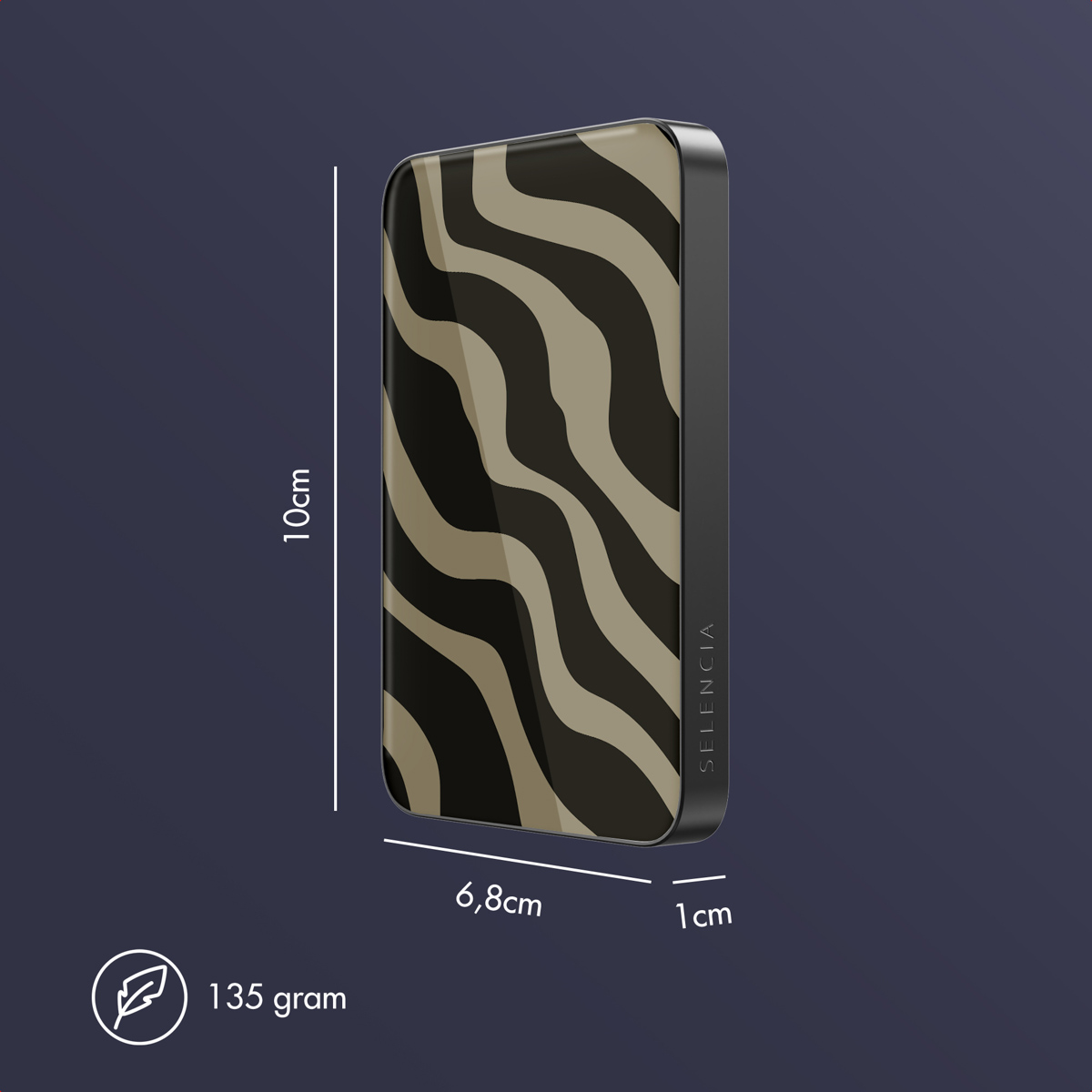 Een telefoonhoesje met zebrapatroon wordt weergegeven met afmetingen en gewichtsinformatie op een donkerblauwe achtergrond.