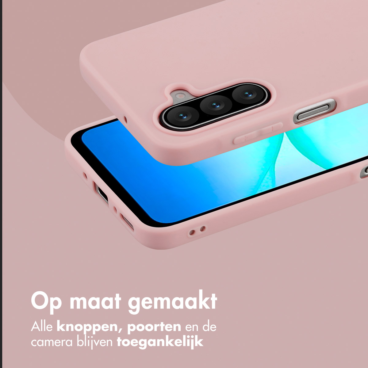 Roze telefoonhoesje met een telefoon erin. De hoes heeft camera-uitsparingen en knoppen. Achtergrond is een roze verloop.