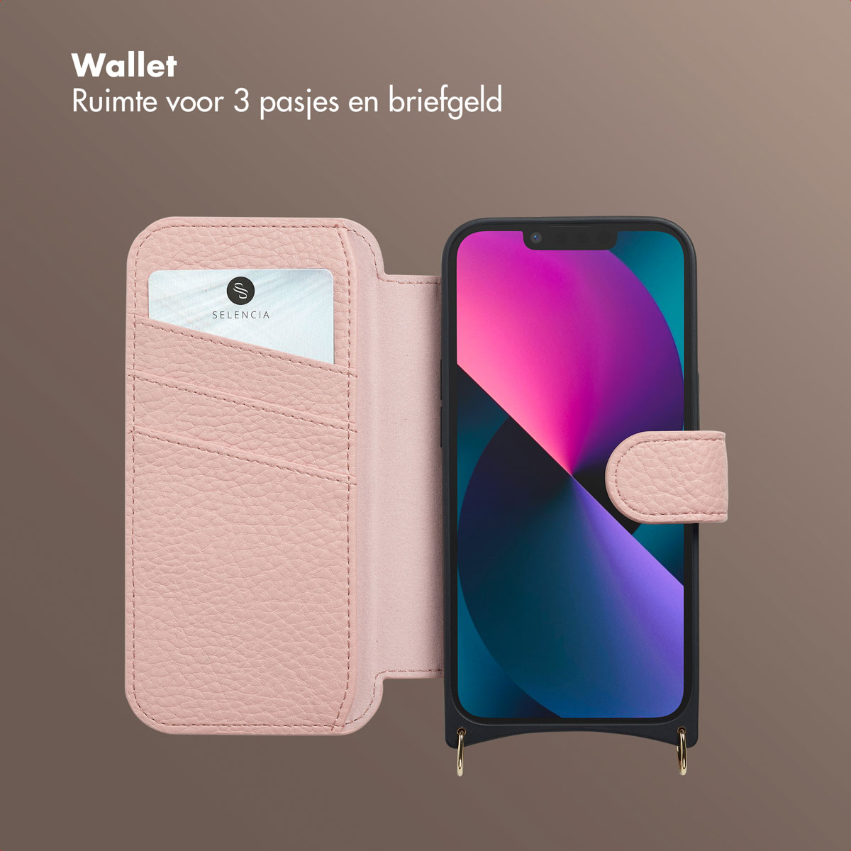 Custodia a portafoglio rosa con telefono e carta. Lo schermo del telefono mostra un'immagine colorata. La carta ha il logo Selencia. Testo: Portafoglio, spazio per 3 carte e contanti.