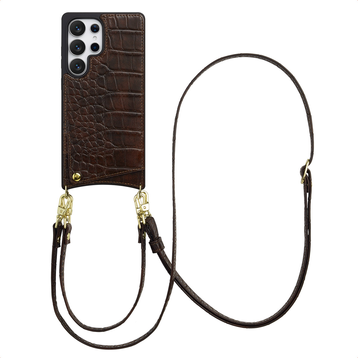 Étui de téléphone marron texturé crocodile avec sangle. Fermoirs et détails dorés. Fond blanc.