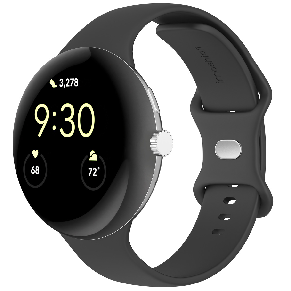 Een zwarte smartwatch toont 9:30, 3.278 stappen, hartslag 68 en 72 graden. Het heeft een zwarte band en een zilveren knop.