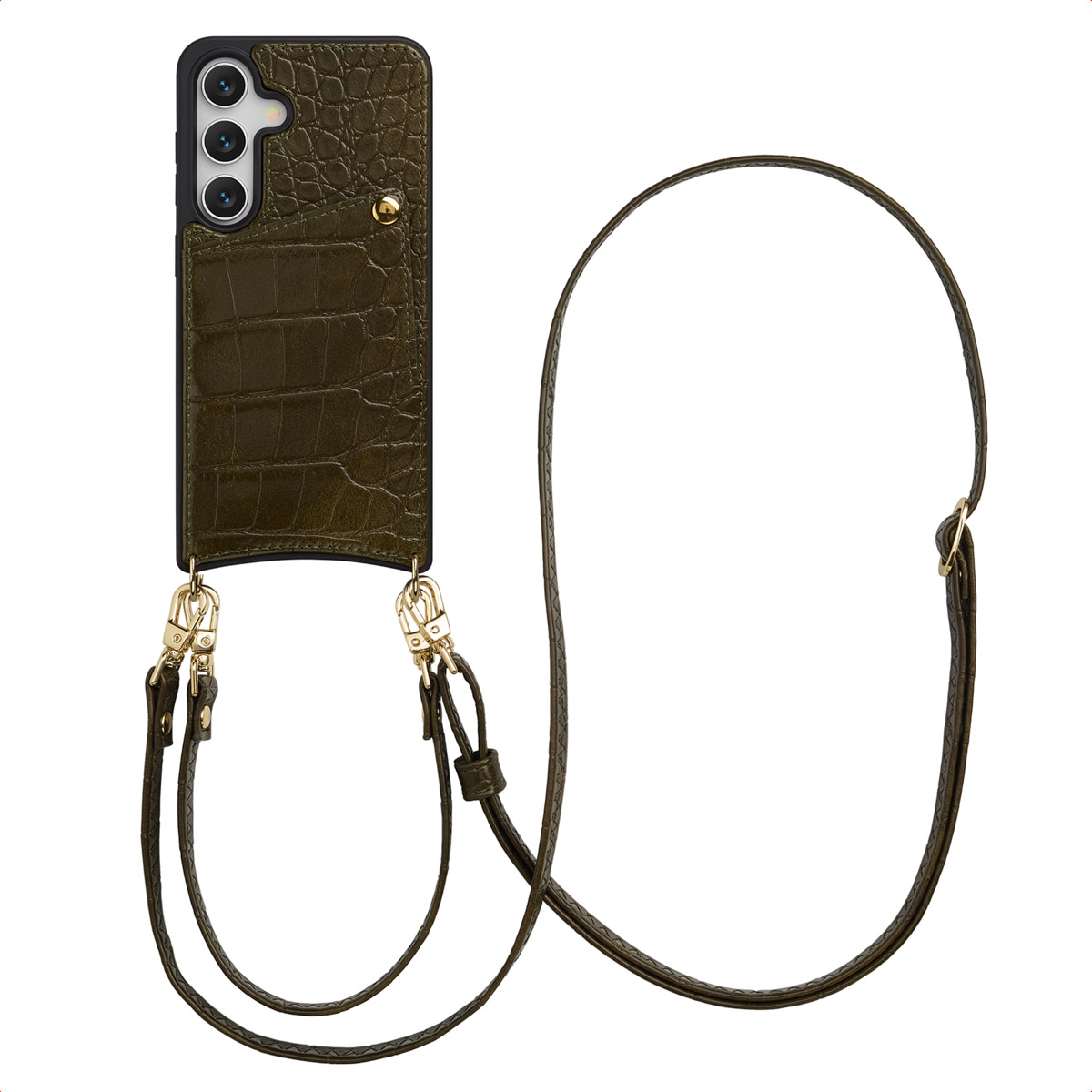 Olijfgroene telefoonhoes met riem. De hoes heeft kaartsleuven en gouden hardware. De riem is bijpassend olijfgroen.