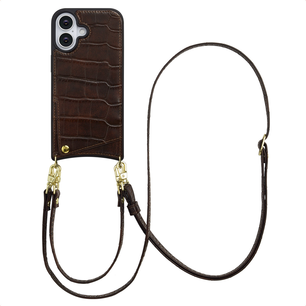 Een bruine leren telefoonhoes met een riem. De hoes heeft een krokodillenpatroon en gouden hardware. De riem is in een bijpassende bruine kleur.