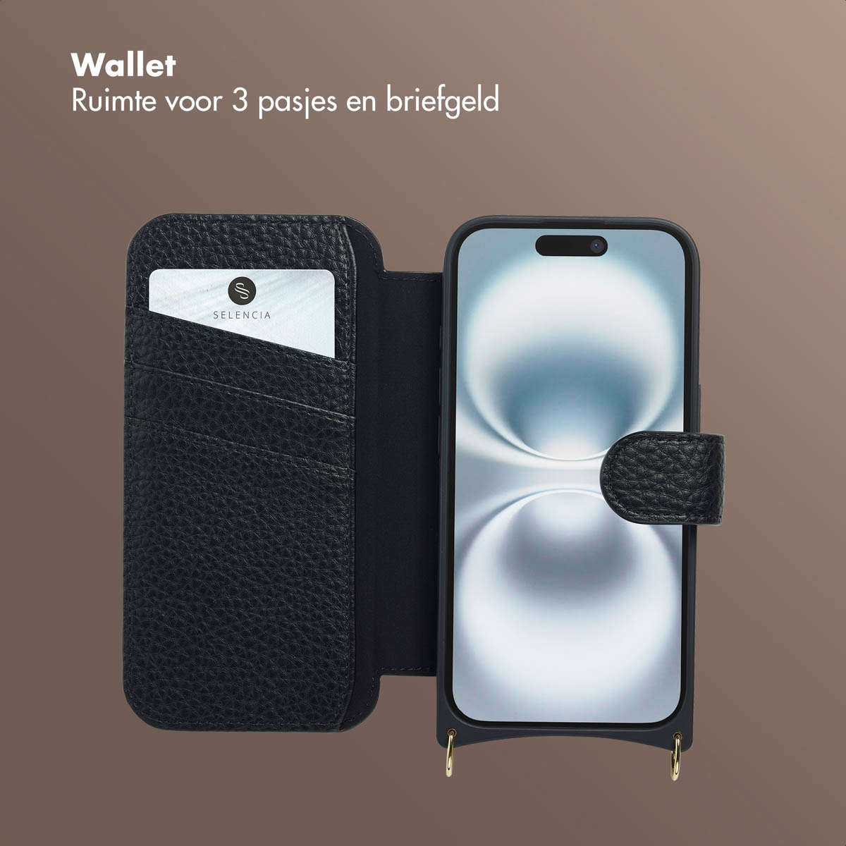 Portefeuille en cuir noir avec téléphone. Une carte blanche dans l'emplacement. L'écran du téléphone est visible.