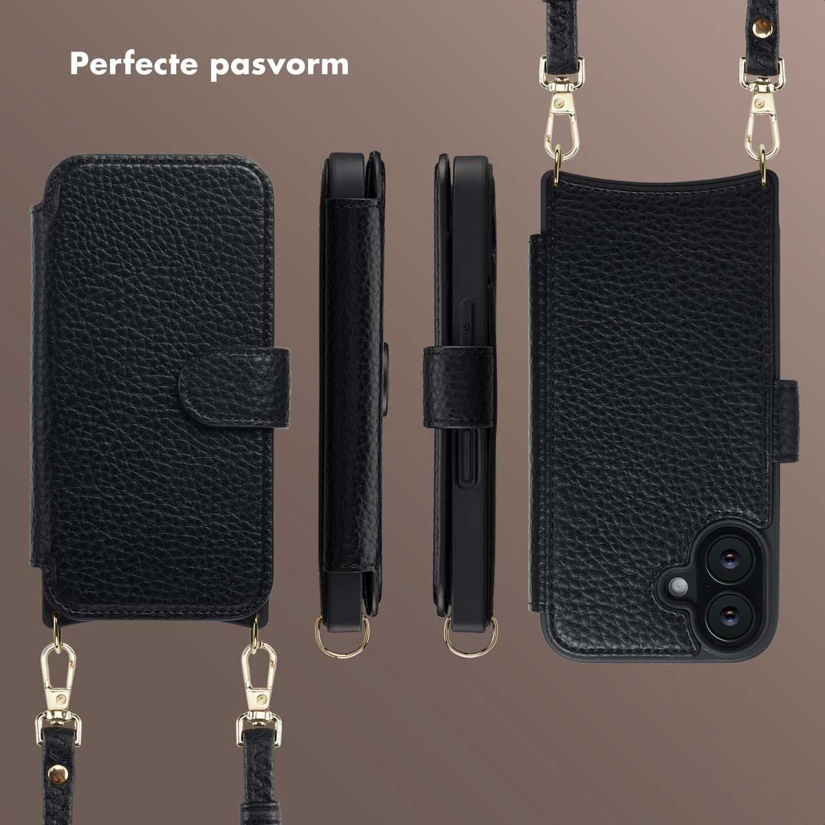 Des étuis de téléphone en cuir noir avec des sangles et des fermoirs dorés sont présentés sur un fond marron. Les étuis sont ouverts et fermés.