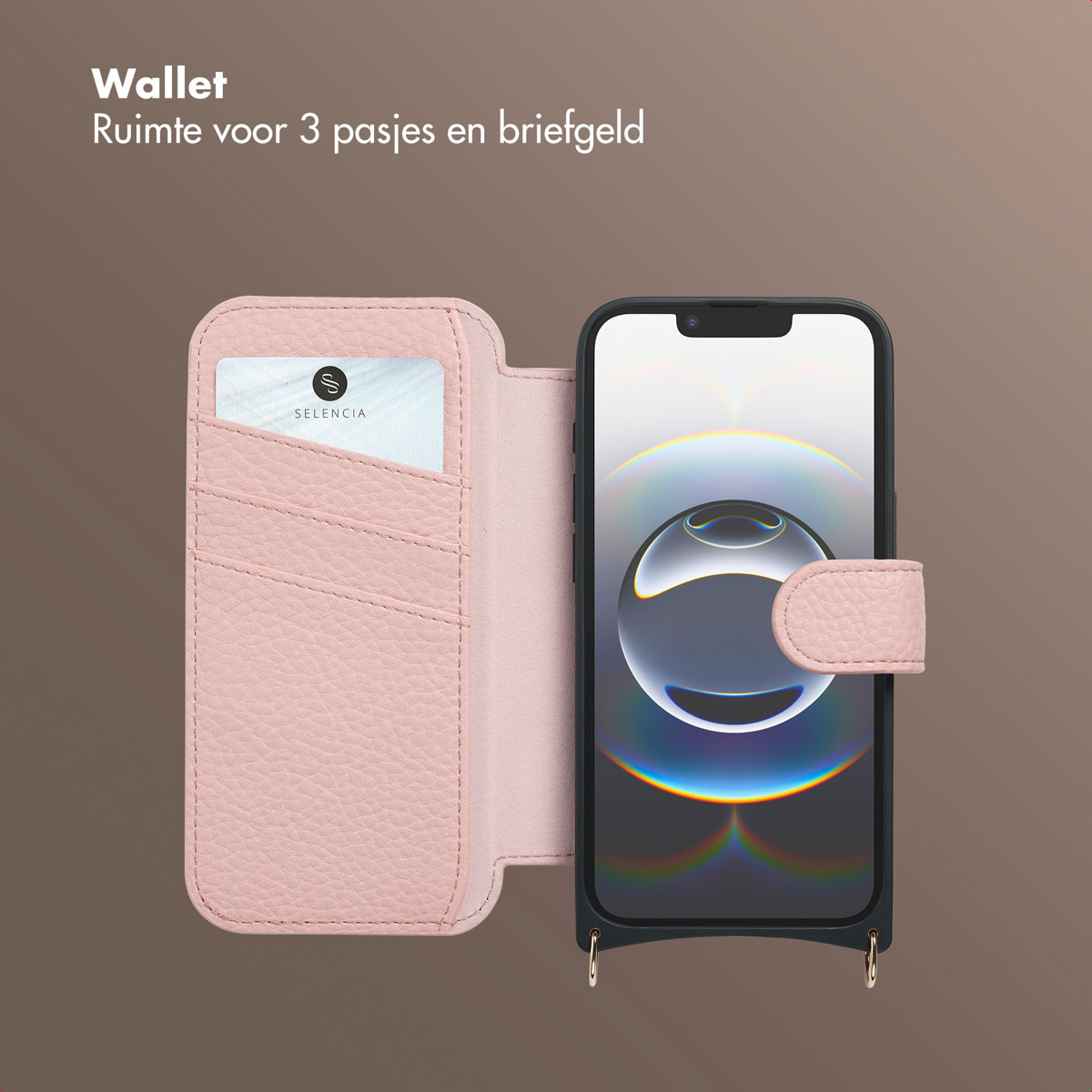 Eine rosa Leder-Wallet-Hülle mit einem Telefon darin. Eine Karte befindet sich im Kartenfach. Der Telefondisplay zeigt ein farbenfrohes Bild.