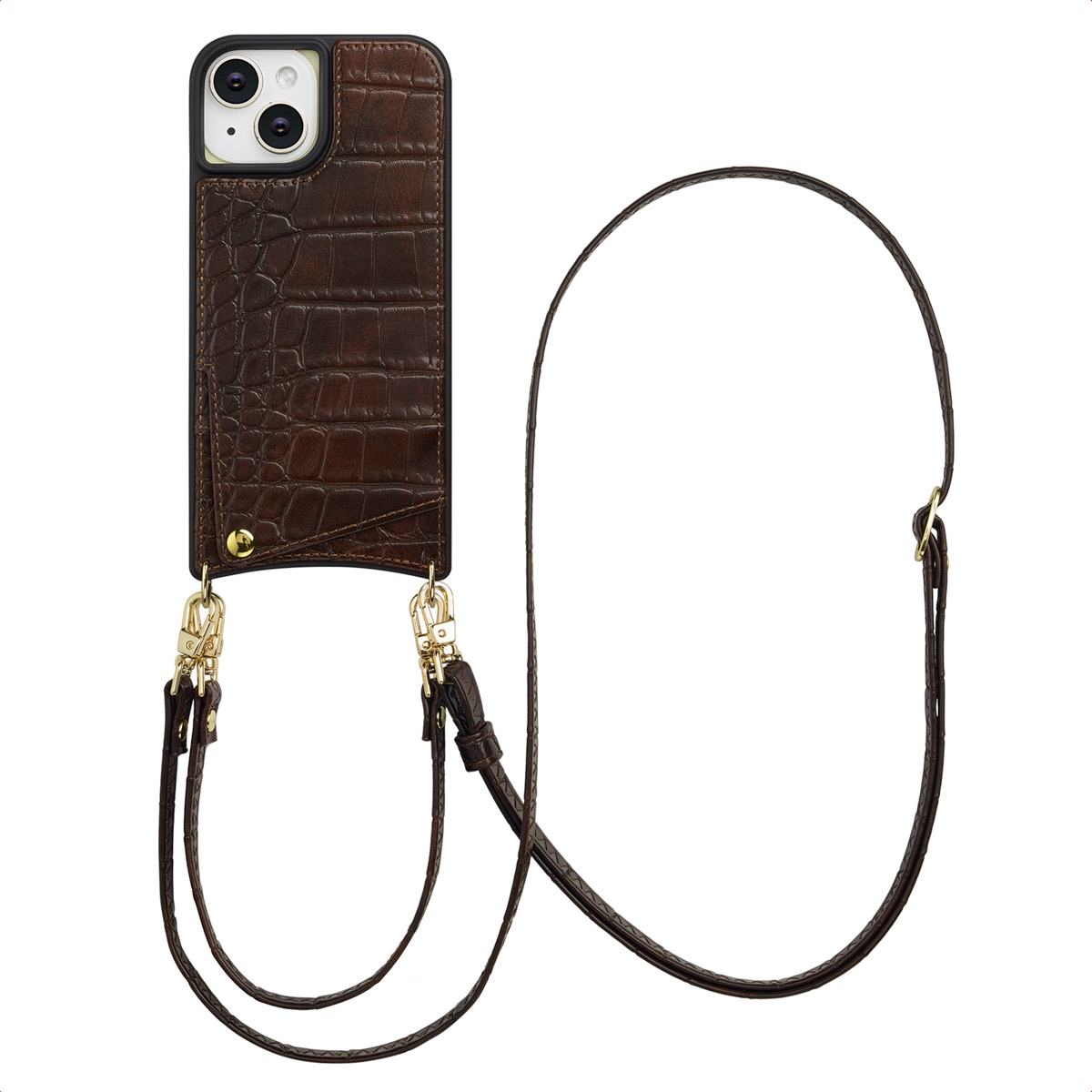 A brown leather phone case with a strap. The case has a crocodile skin texture and gold hardware.
