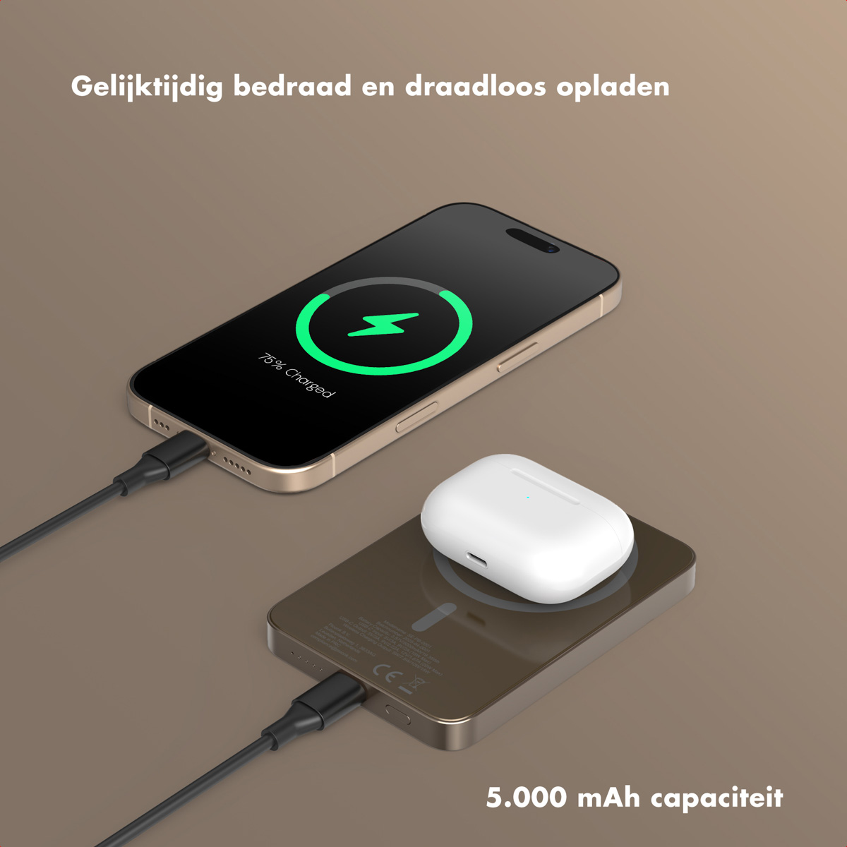 Telefoon draadloos en bedraad opladen. Een witte oortelefoonhoes ligt op de oplader. De telefoon toont 75% opgeladen.