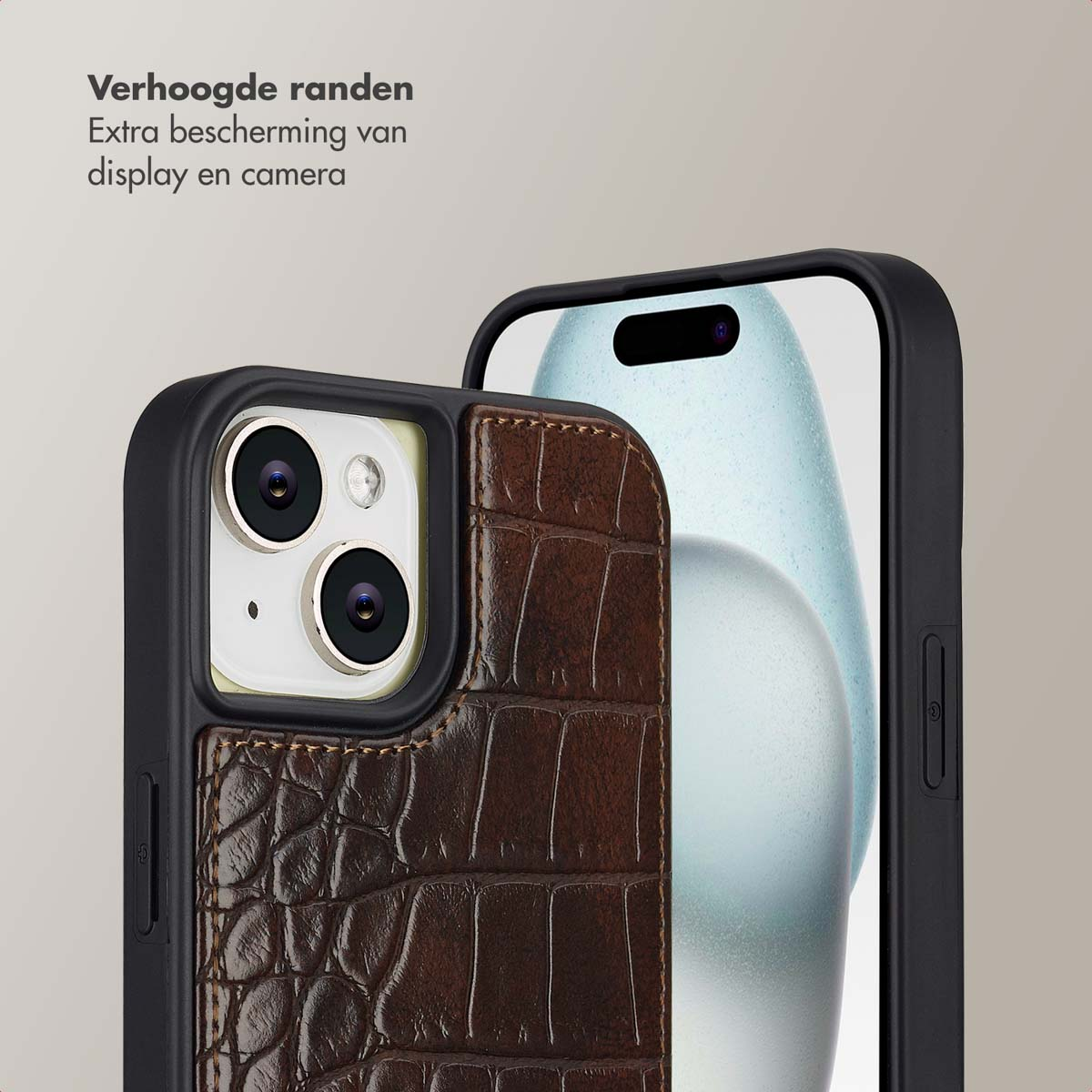 Close-up of a phone in a brown leather case. The case has a textured appearance. A second phone is in the background.