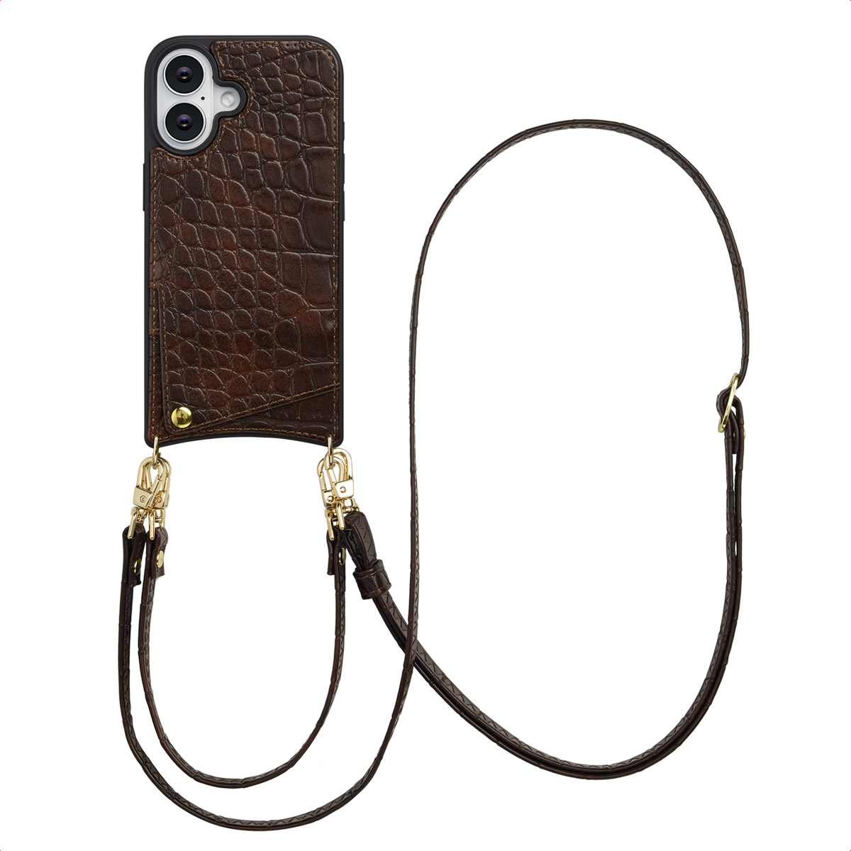 Een bruine leren telefoonhoes met een riem. De hoes heeft een krokodillenpatroon en gouden hardware. De riem is donkerbruin.