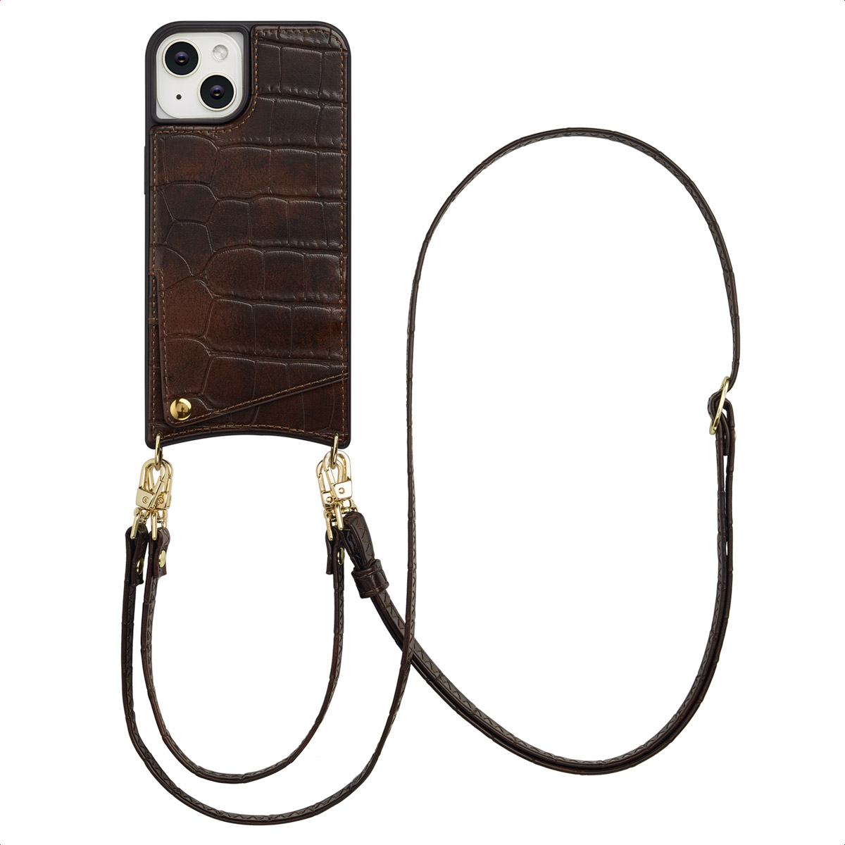 Bruine leren telefoonhoes met een riem. Het heeft een krokodillenstructuur, gouden hardware en een klein zakje. De achtergrond is wit.