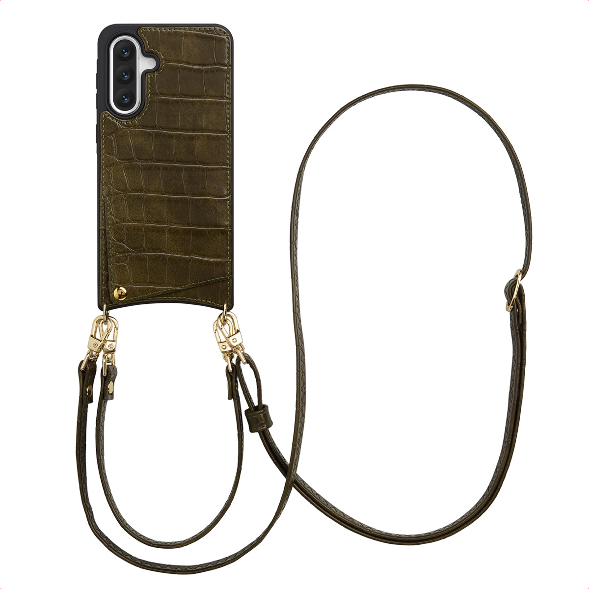 Une coque de téléphone verte avec une sangle. La coque a une texture de peau de crocodile. La sangle est marron et a des ferrures dorées.