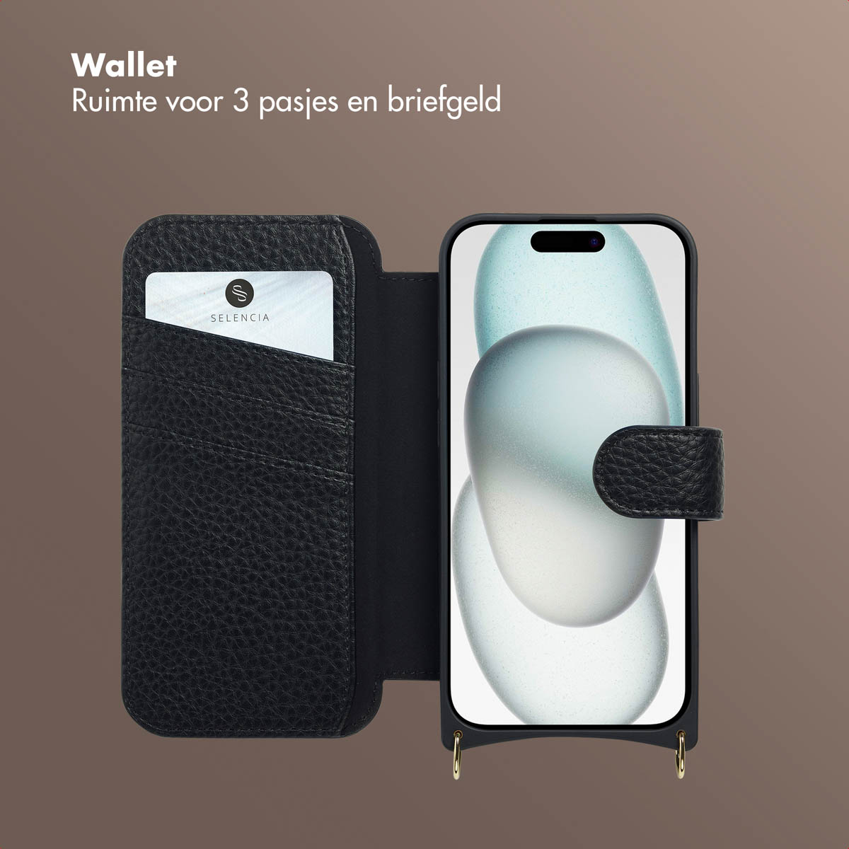 Een zwarte portemonnee met een telefoon erin. De portemonnee heeft ruimte voor kaarten en geld. De telefoon toont een blauw en wit beeld.