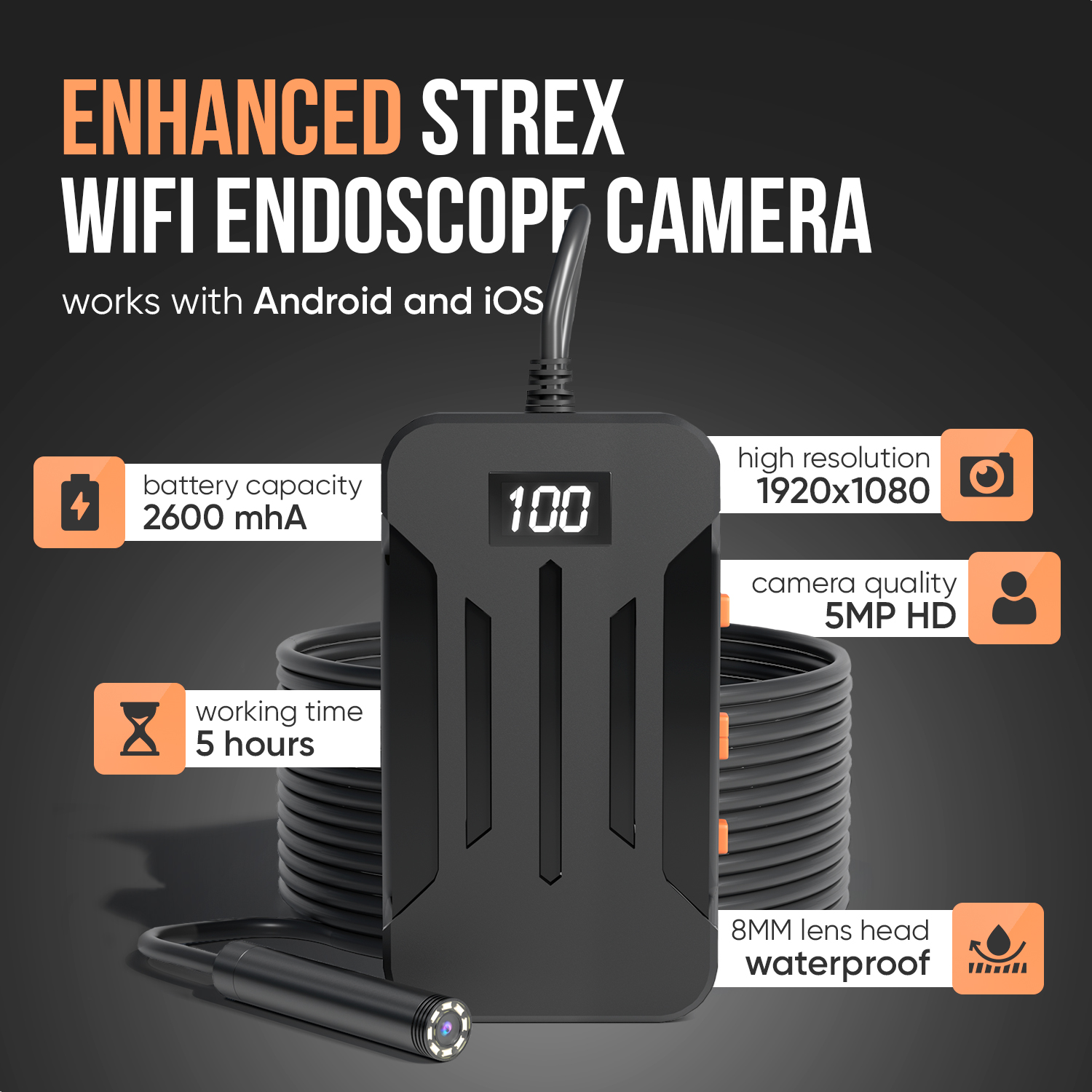 An endoscope camera with features like 2600mAh battery, high resolution, 5MP HD, 5 hours working time, waterproof, 8mm lens.
