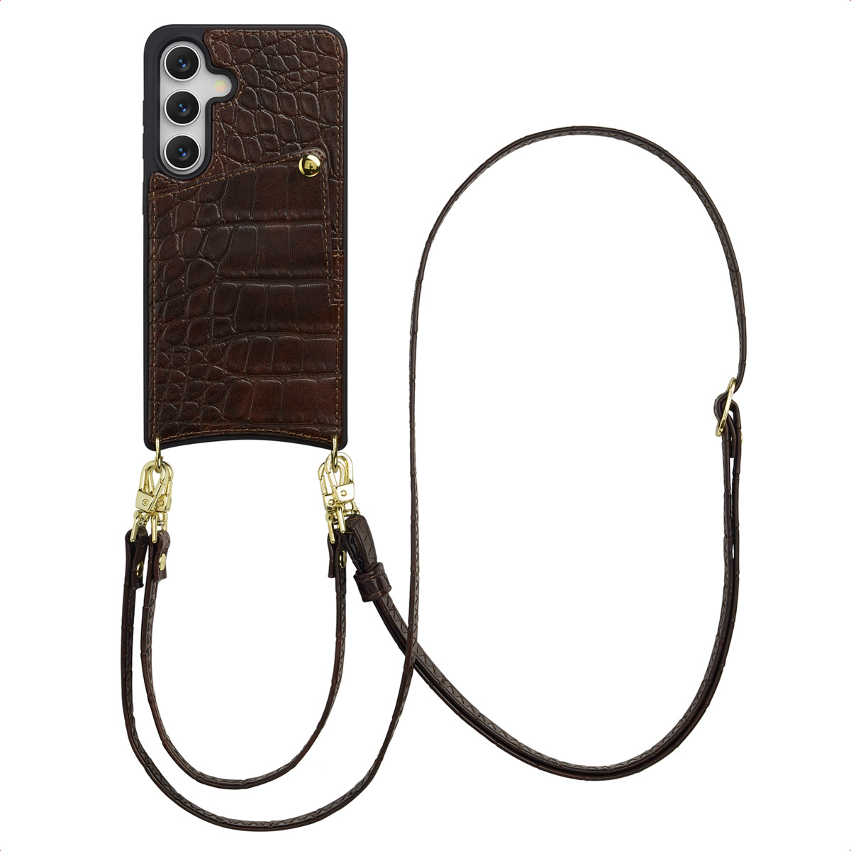 Bruine leren telefoonhoes met riem. Krokodillenstructuur, gouden hardware en een klein vakje zichtbaar. Geïsoleerd op witte achtergrond.