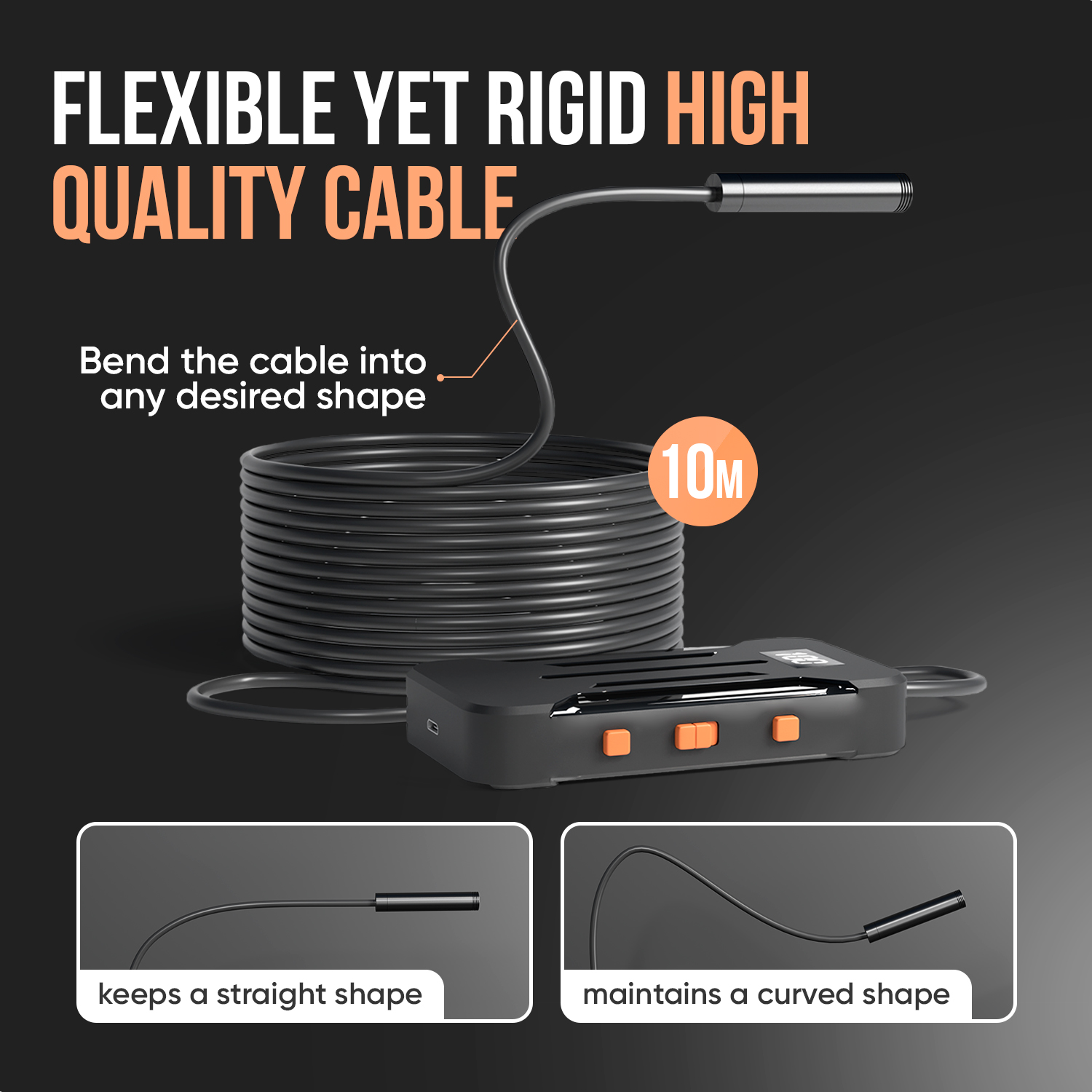 Black flexible cable with a silver tip, coiled and connected to a black control box with orange buttons, demonstrating flexibility.