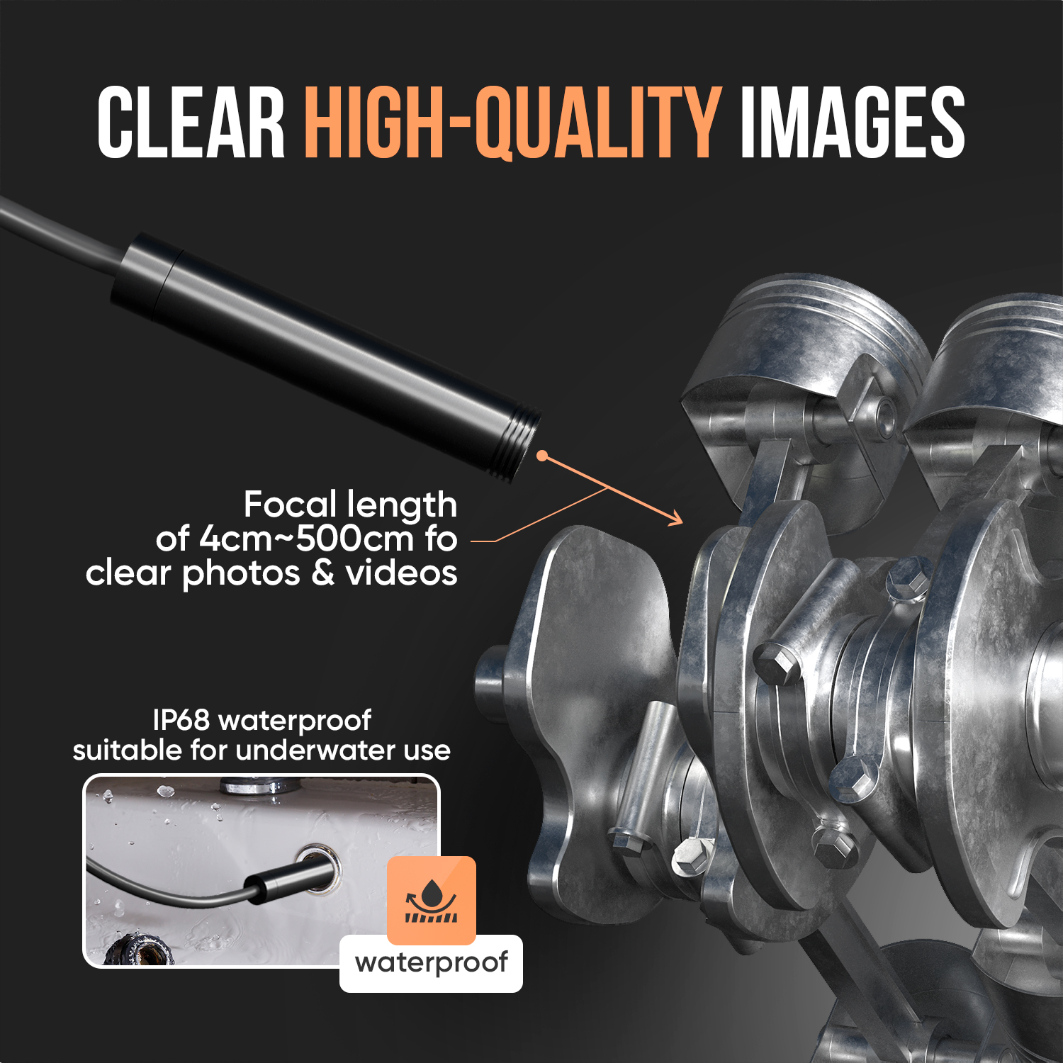Image shows an engine component with text about clear images and underwater use. A camera-like device is also shown.