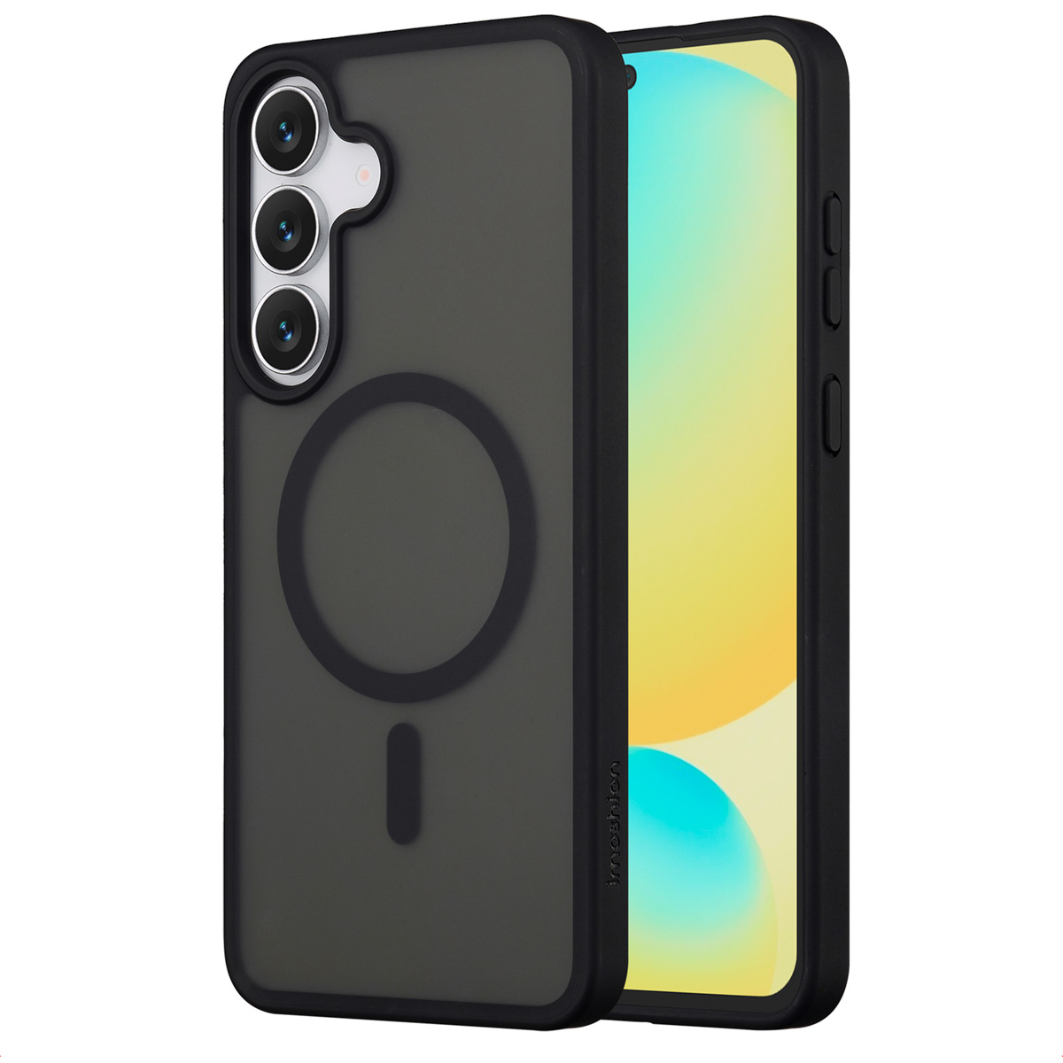 Een telefoon in een zwarte hoes met drie cameralenzen. De hoes heeft een magnetische ring en een kleine balk. Het scherm is geel.