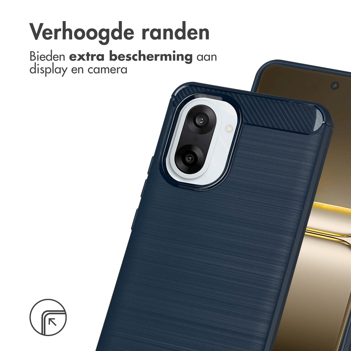 Een donkerblauwe telefoonhoes met verhoogde randen. Het heeft een uitsparing voor de camera en beschermt het scherm. Tekst: 'Verhoogde randen'.