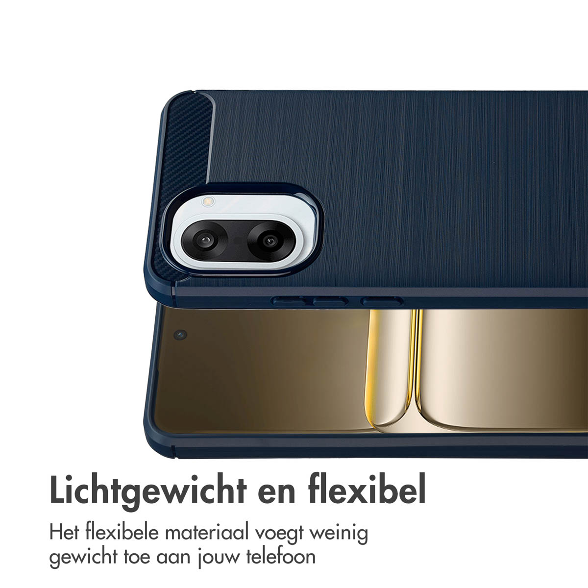 Close-up van een blauwe telefoonhoes met camera-uitsparing. Tekst eronder luidt: 'Lichtgewicht en flexibel'.