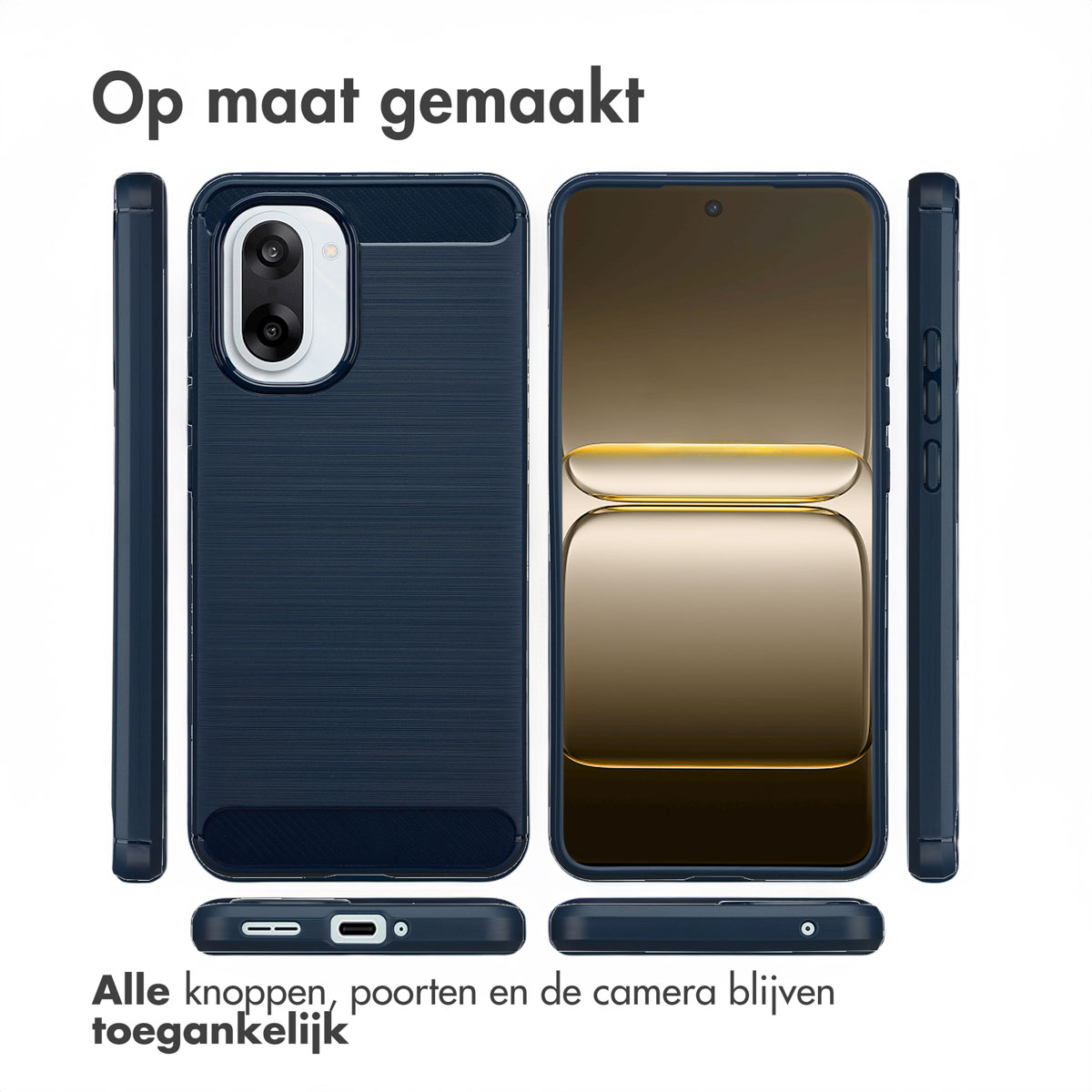 Een donkerblauwe telefoonhoes. De afbeelding toont de voor-, achter- en zijkanten. Tekst: Alle knoppen, poorten en camera blijven toegankelijk.