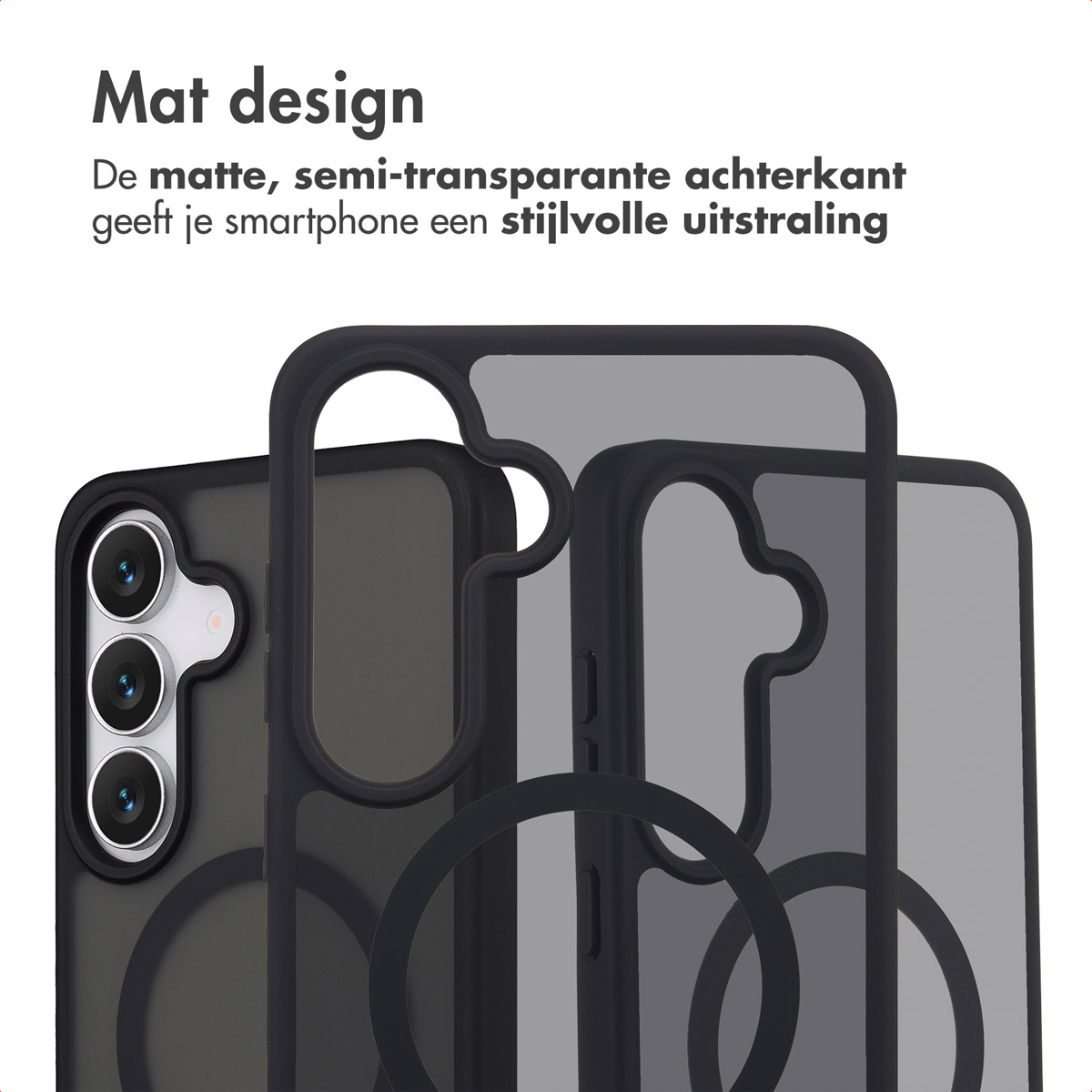 Afbeelding toont een telefoonhoesje met een mat ontwerp. De hoes is zwart en semi-transparant. De camera van de telefoon is zichtbaar.