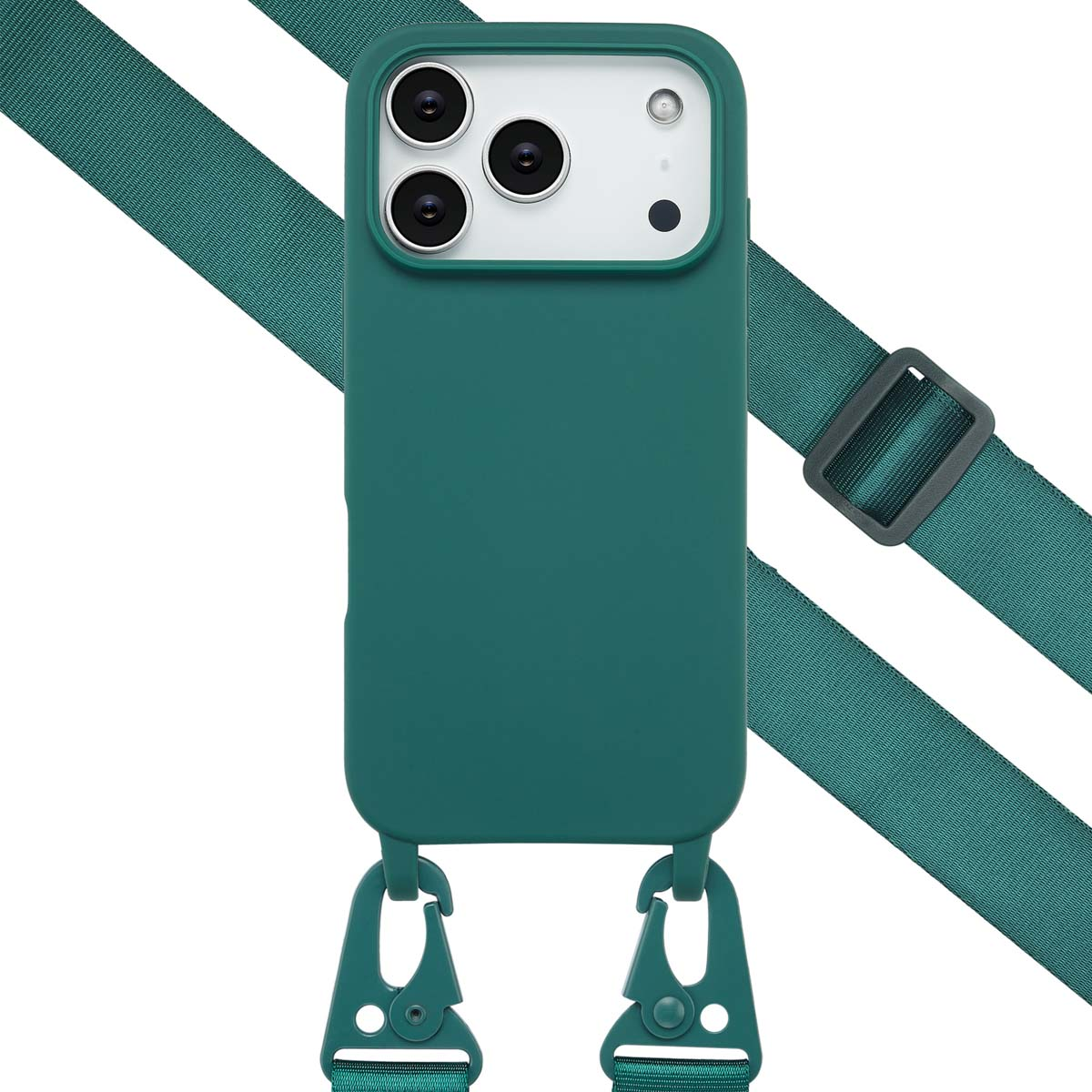 Una custodia per telefono verde acqua con cinturino. La custodia ha tre obiettivi. Il cinturino è verde acqua con fibbia e clip nere.