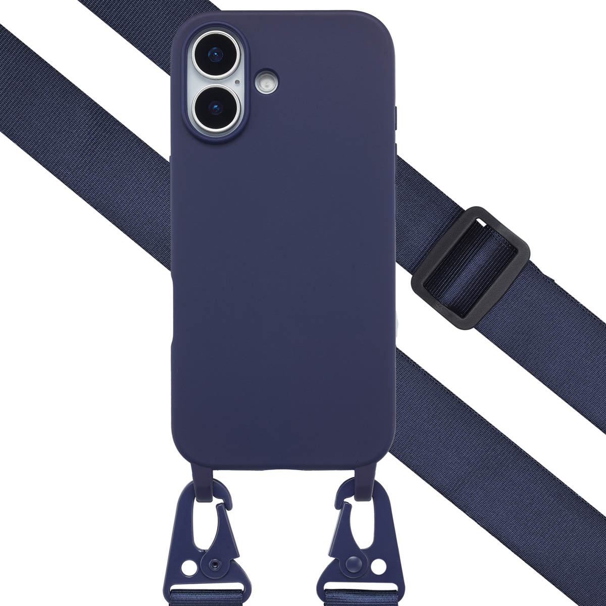 Un étui de téléphone bleu marine avec une sangle. L'étui a une caméra et est attaché à une sangle bleu marine avec des crochets noirs.