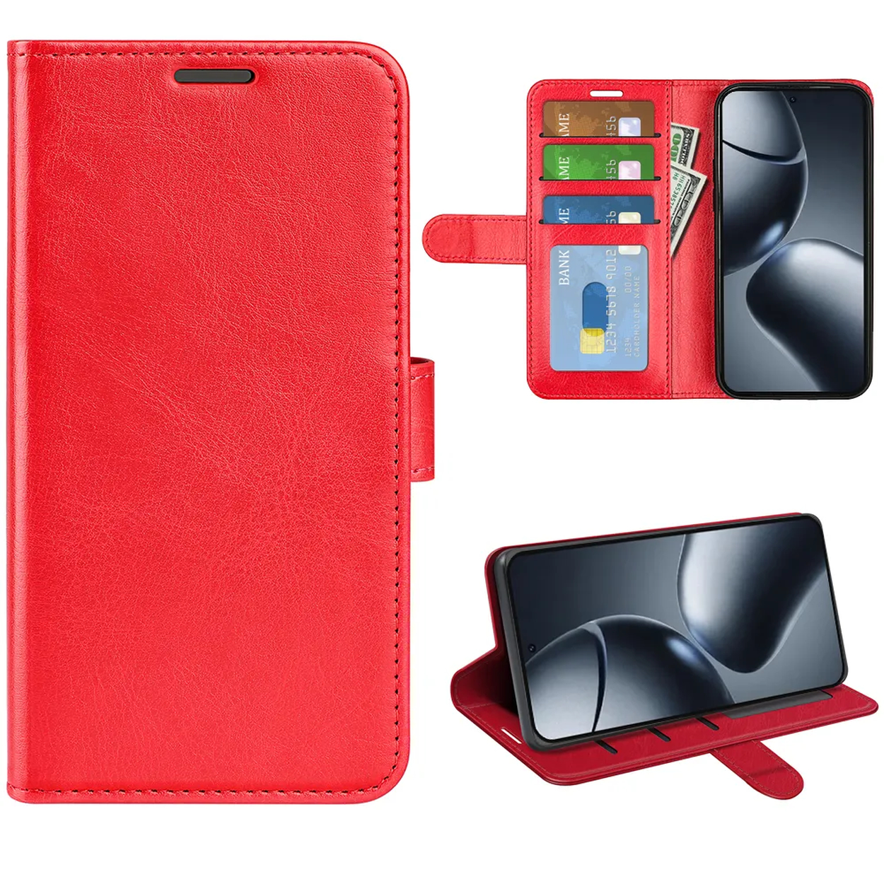 Étui de téléphone en cuir rouge avec fentes pour cartes et argent. Un smartphone est à l'intérieur de l'étui et un second est affiché.