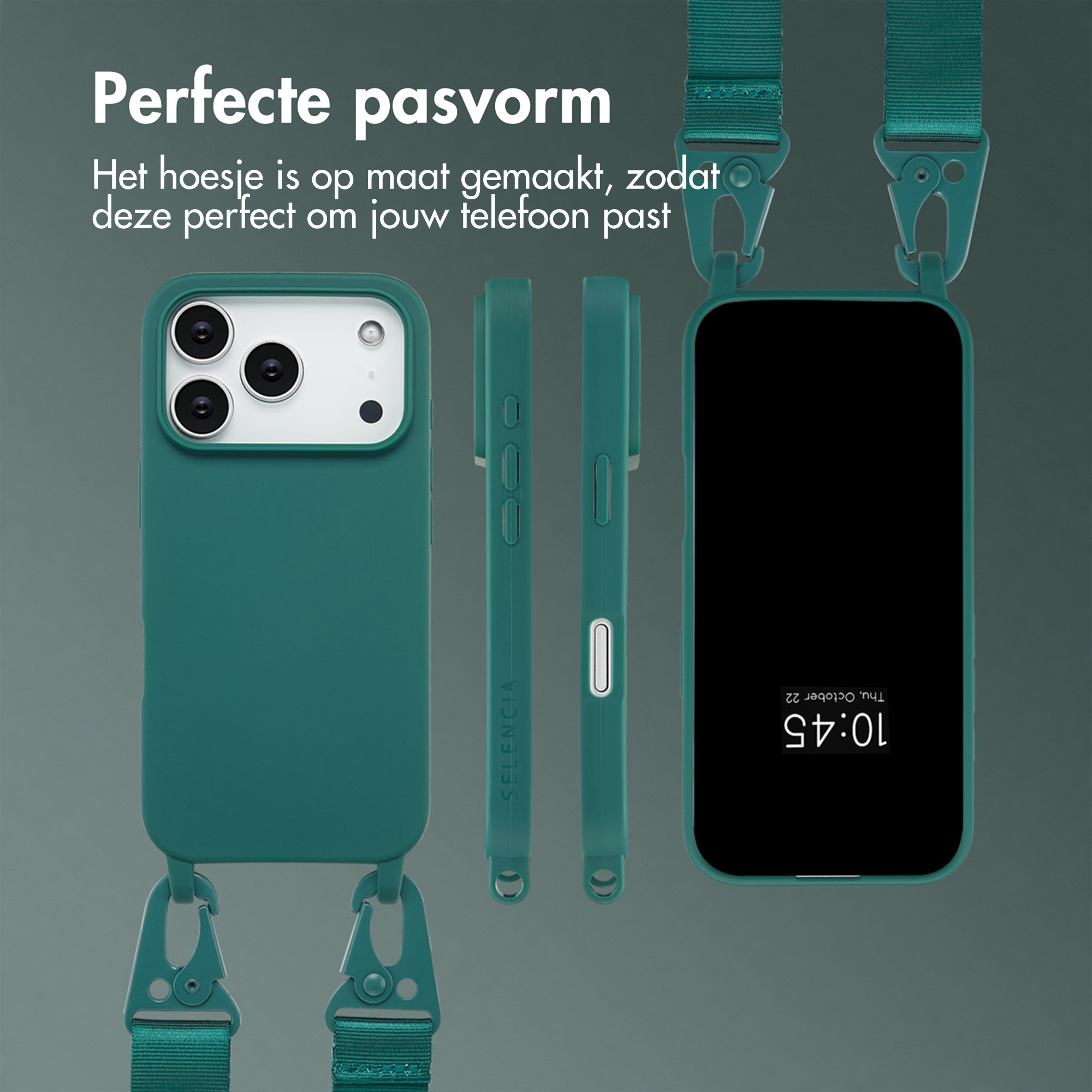 Una custodia per telefono verde acqua con cinturino e uno schermo del telefono che mostra l'ora. Il testo dice 'Vestibilità perfetta'.