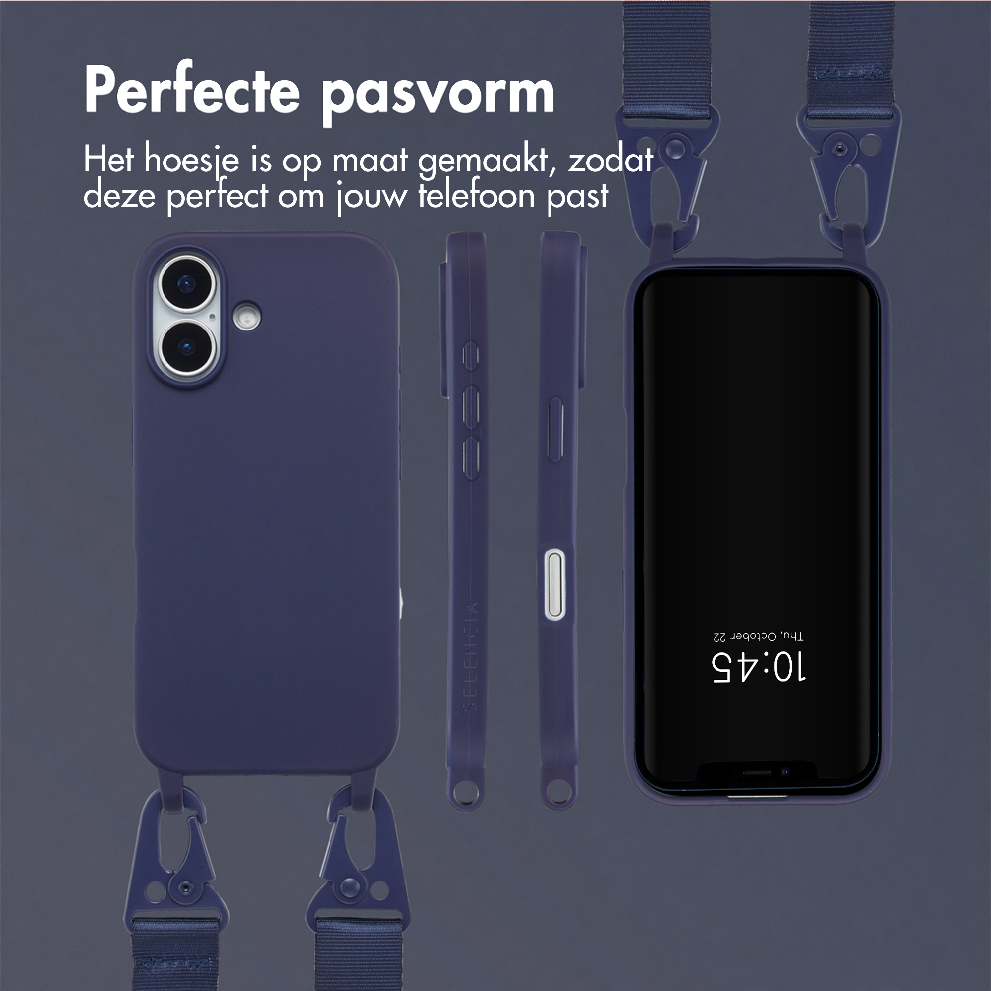 Téléphone dans un étui bleu avec une sangle. Le texte dit 'Ajustement parfait'. L'écran affiche l'heure.