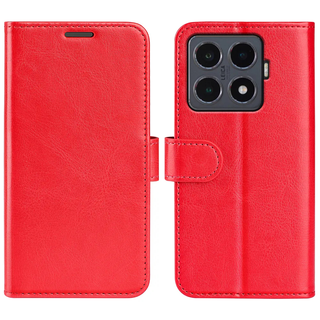 Étui de téléphone rouge, ouvert. L'étui a une fermeture magnétique et de la place pour l'appareil photo avec quatre lentilles et le logo Leica.