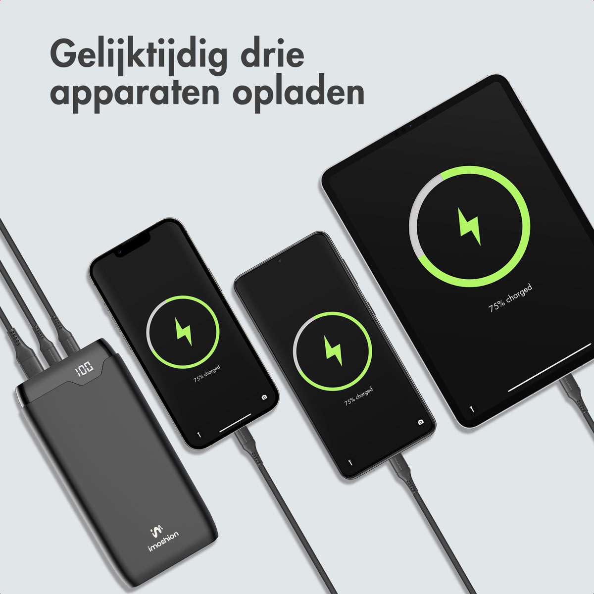 Trois appareils en charge simultanément : téléphone, tablette et un autre téléphone, tous connectés à une batterie externe. Chacun affiche 75% chargé.