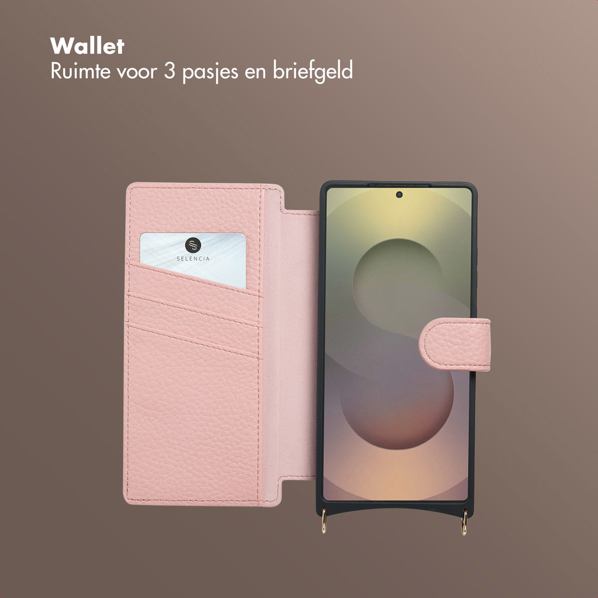 Un étui de téléphone rose en forme de portefeuille avec un téléphone à l'intérieur. Le portefeuille a des fentes pour cartes et l'écran affiche un motif circulaire.