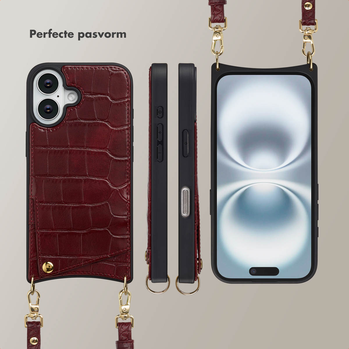 Een telefoonhoesje met een bandje, in drie aanzichten. De hoes is zwart met een textuur, bordeauxrode leren achterkant. Gouden hardware accentueert de band.