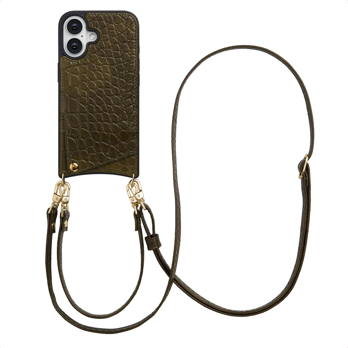 Olijfgroene telefoonhoes met een bandje. De hoes heeft een getextureerde afwerking en een gouden sluiting. De band is bevestigd met gouden hardware.