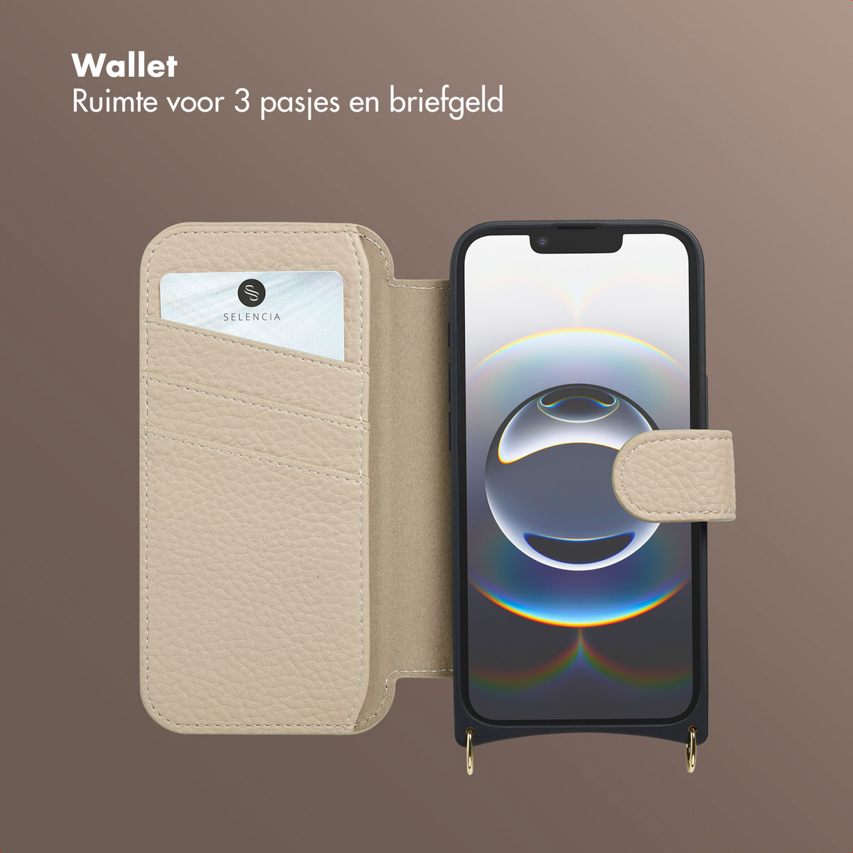 Una custodia a portafoglio beige con un telefono all'interno. Una carta è visibile in uno slot. La custodia è aperta, mostrando il telefono e gli slot per schede.