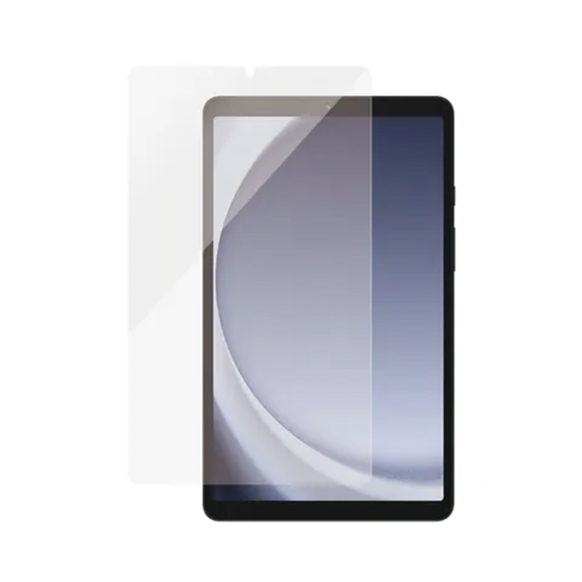Un tablet con una protezione per lo schermo. Il tablet è nero, la protezione è trasparente. Lo schermo mostra una sfumatura.