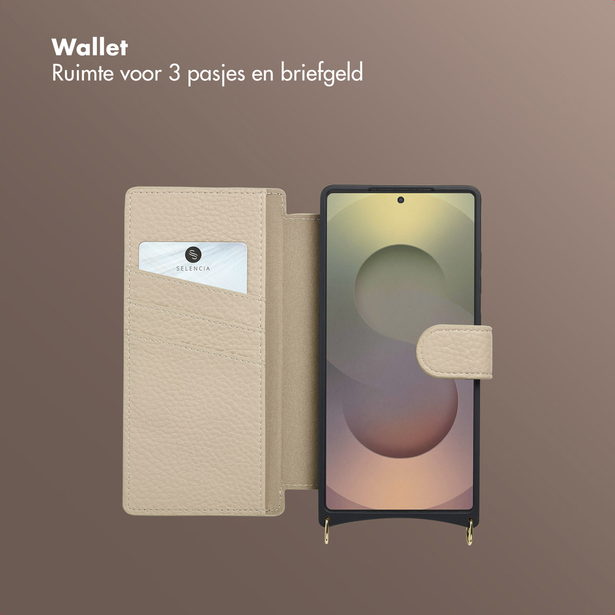 Un étui portefeuille en cuir beige avec un téléphone à l'intérieur. L'étui a des fentes pour cartes et une fermeture magnétique.