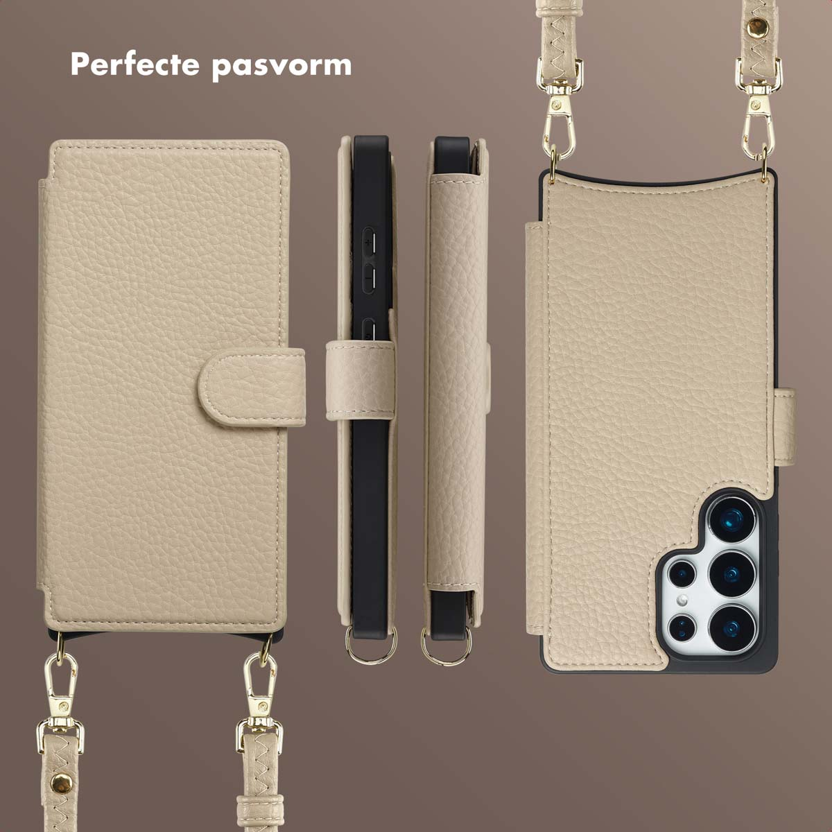 Étui de téléphone en cuir beige avec sangle, affiché sous plusieurs angles. Texte 'Perfecte pasvorm' en haut. Téléphone noir à l'intérieur.