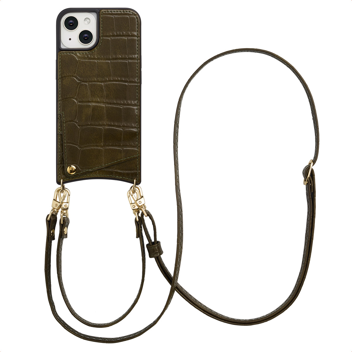 Olijfgroene telefoonhoes met een band. Het heeft een getextureerd oppervlak met goudkleurige sluitingen en een lange, dunne band.
