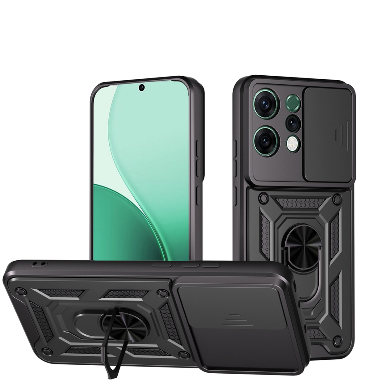 Trois étuis de téléphone noirs avec découpes pour appareil photo et supports d'anneau sont affichés. Les écrans ont un fond vert et blanc.