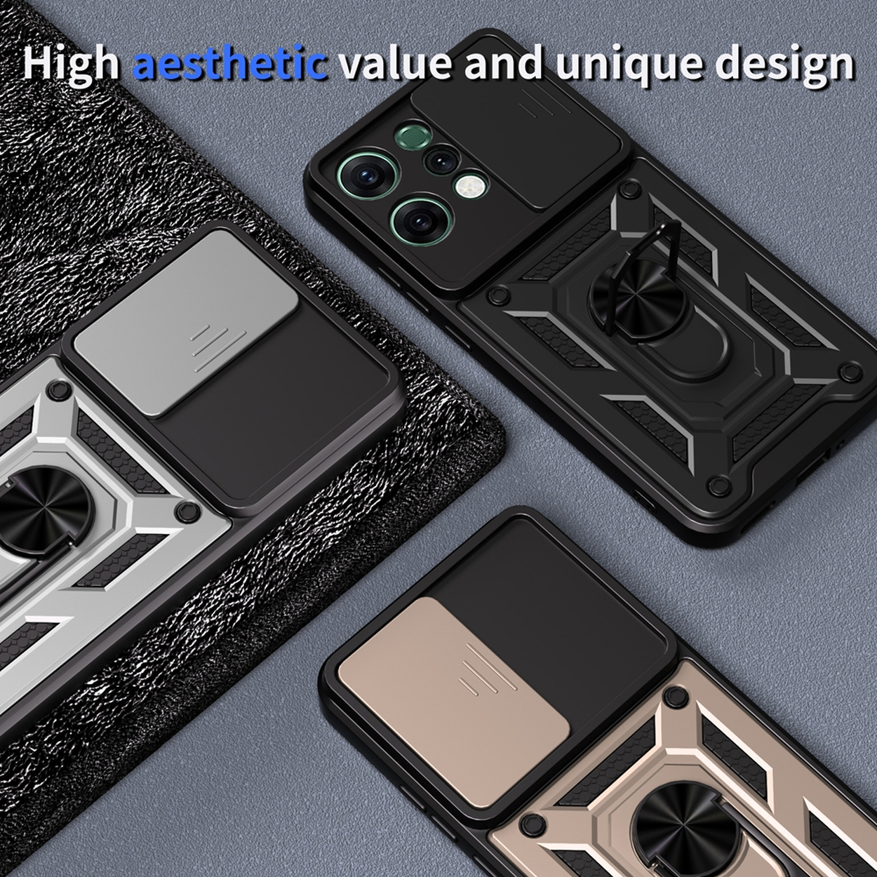 Drie telefoonhoesjes met unieke ontwerpen. Zwart, zilver en goud. Elk heeft een camerahoes en een ringhouder. Gerangschikt op een getextureerd oppervlak.