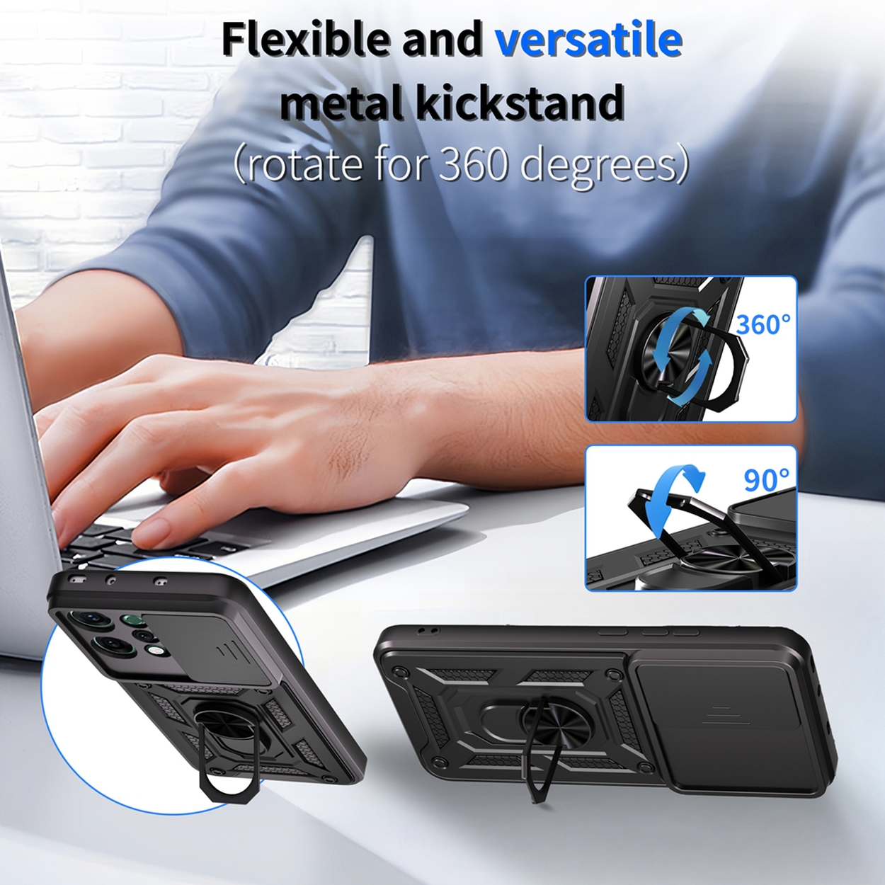 Een persoon gebruikt een laptop. Telefoonhoesjes met standaards worden getoond, één op 360 graden en één op 90 graden.
