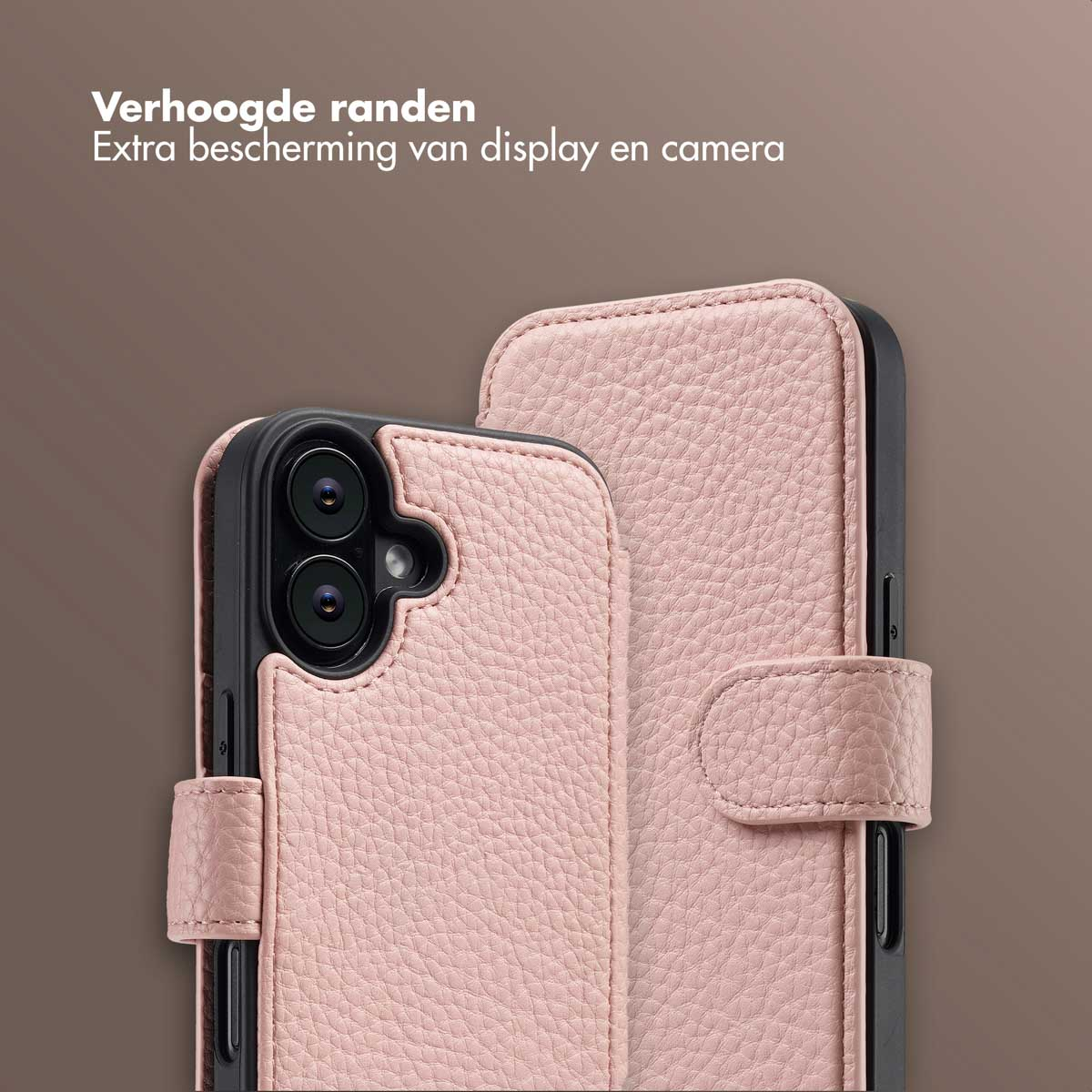 Roze leren telefoonhoesje met verhoogde randen. Het heeft een camera-uitsparing en magnetische sluiting. Extra bescherming.