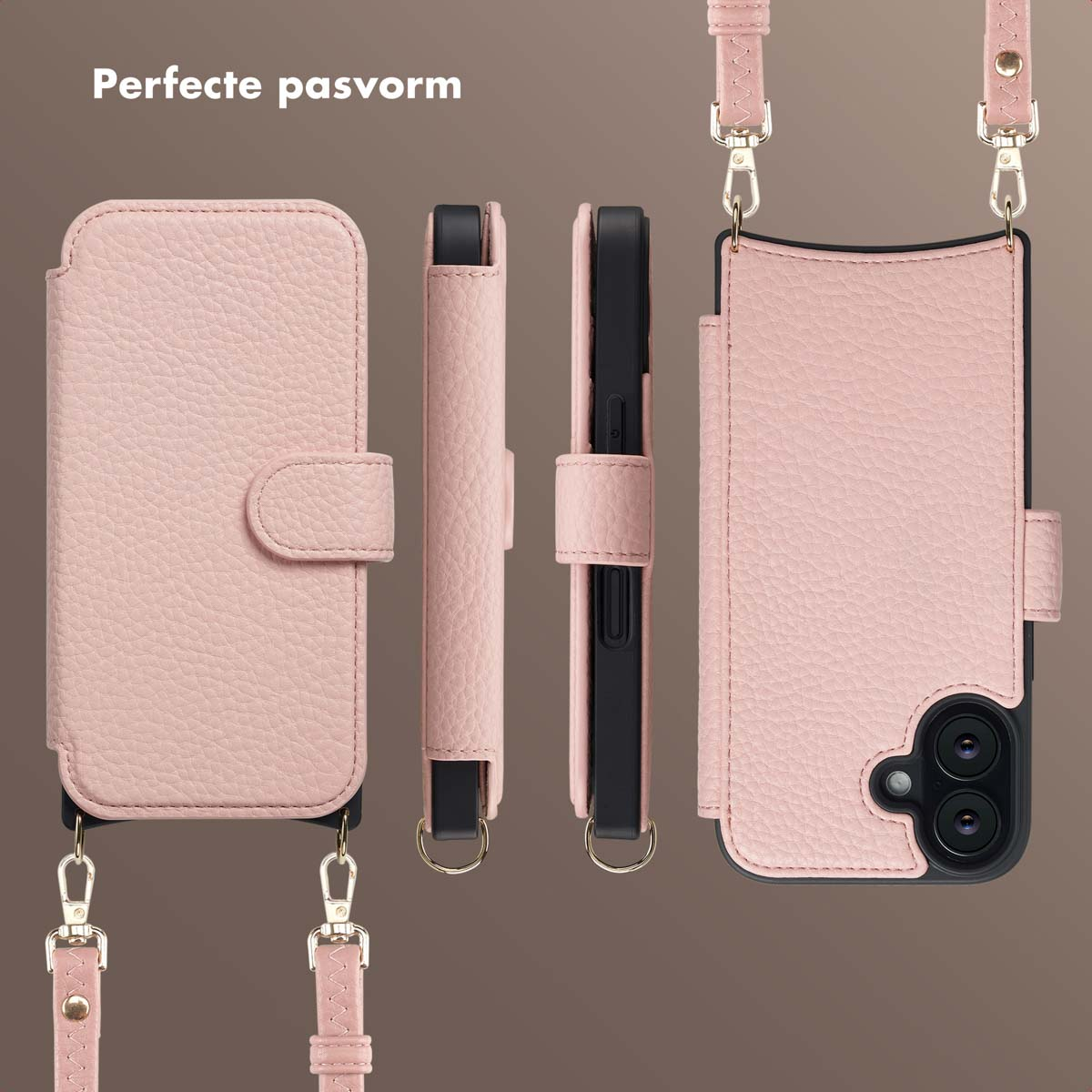 Roze leren telefoonhoesje met riem, weergegeven in meerdere hoeken. Inclusief een portemonnee-stijl, een zijaanzicht en een telefoonhouder.